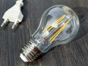 Filament light bulb beside a European power plug on wood