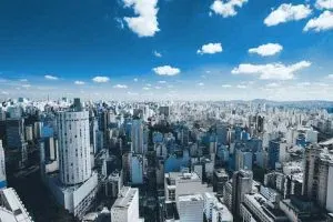 Aerial view of a city skyline with high-rise buildings