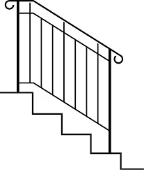 Line drawing of a metal handrail mounted along a set of stairs
